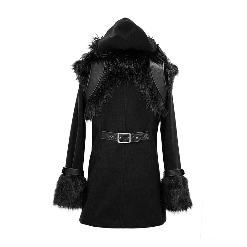 Back flat view of gothic punk coat featuring waist adjustment belt and fur-trimmed hood back