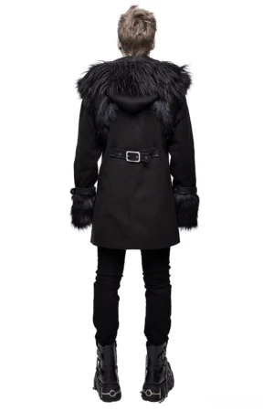 Black gothic punk coat back view showing hooded design with fur trim and waist belt adjustment