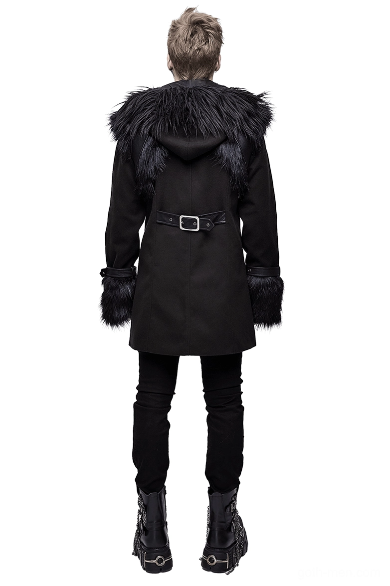 Black gothic punk coat back view showing hooded design with fur trim and waist belt adjustment