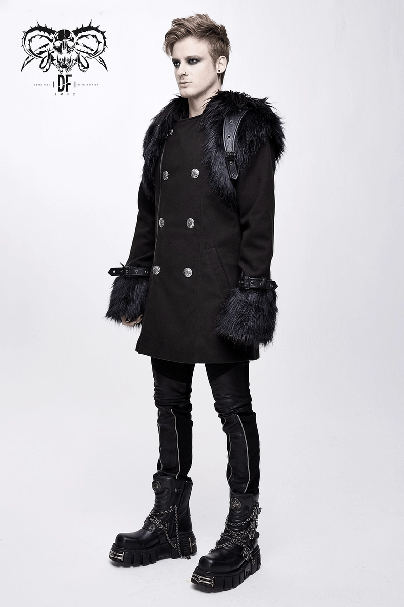 Black gothic punk hooded coat product overview with all detachable fur accessories