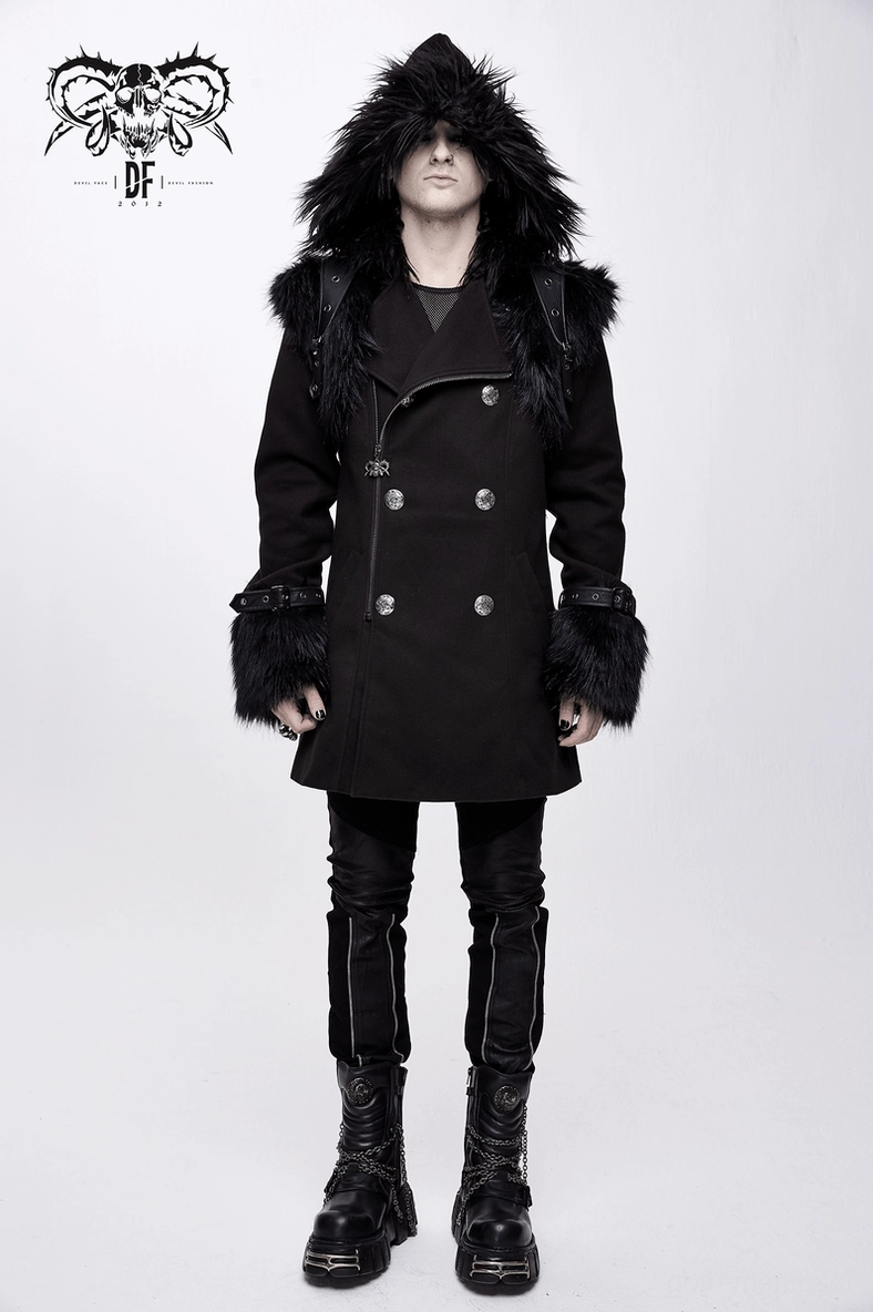 Gothic punk coat front detail showing double-breasted styling and structured fit