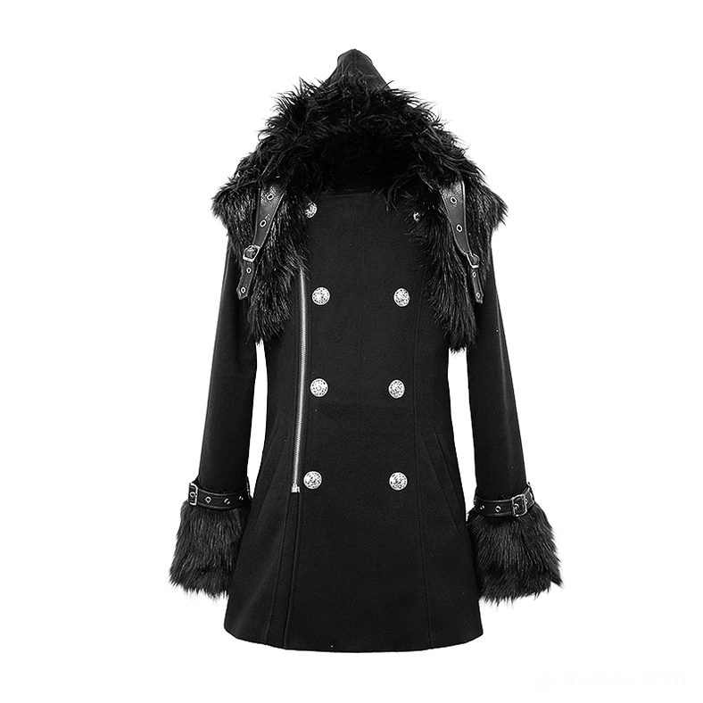 Gothic punk black coat flat lay front view with detachable shoulder fur piece and metal buttons