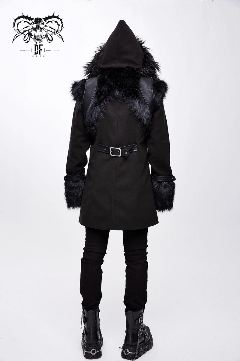Gothic punk coat with attached fur accessories in complete styling configuration