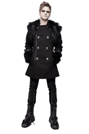 Men's black gothic punk hooded coat front view with double-breasted buttons and detachable fur shoulder accessory
