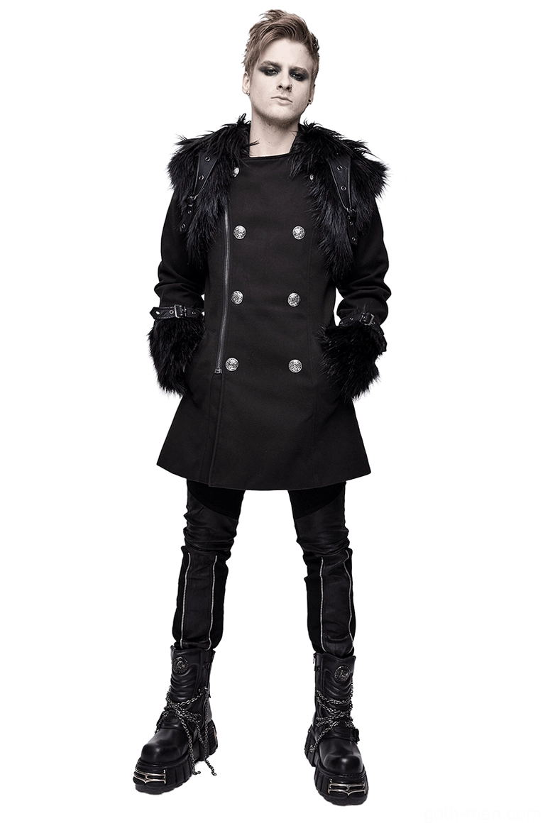 Men's black gothic punk hooded coat front view with double-breasted buttons and detachable fur shoulder accessory