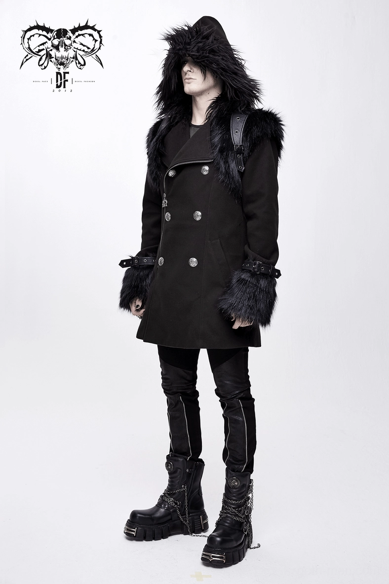 Black gothic punk coat side profile highlighting silhouette and belt design