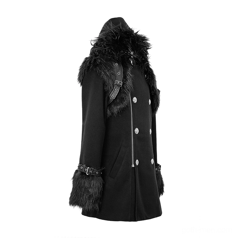 Black gothic punk coat side-front view showing belted waist, side pockets, and fur-trimmed hood