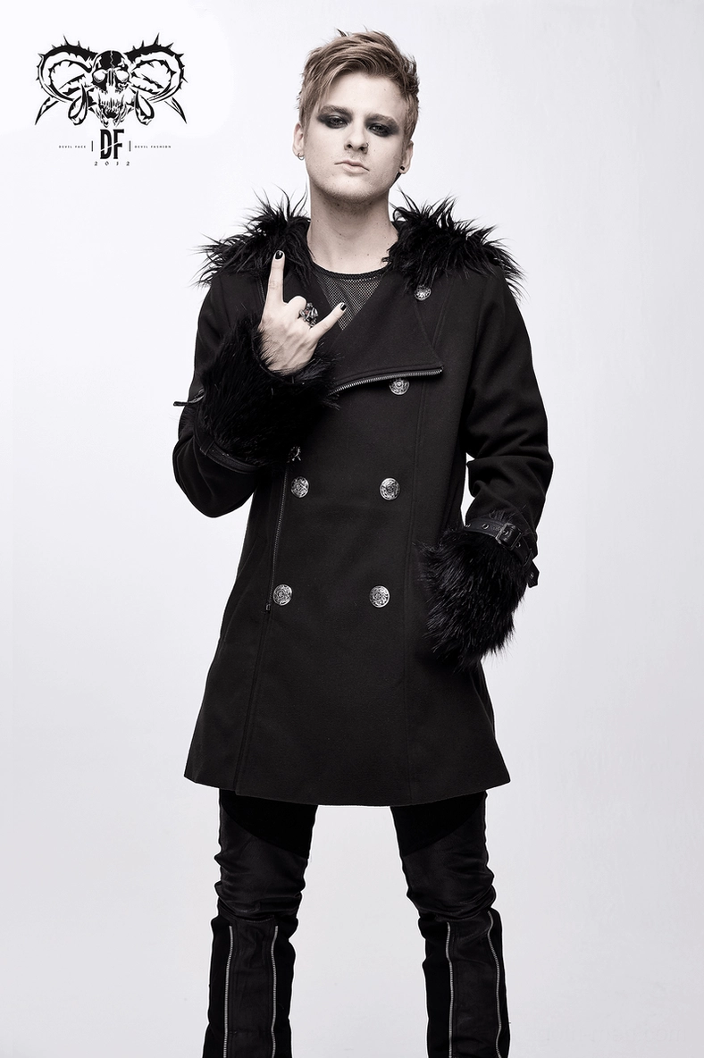Black gothic punk hooded coat detail view showing structured tailoring and drape