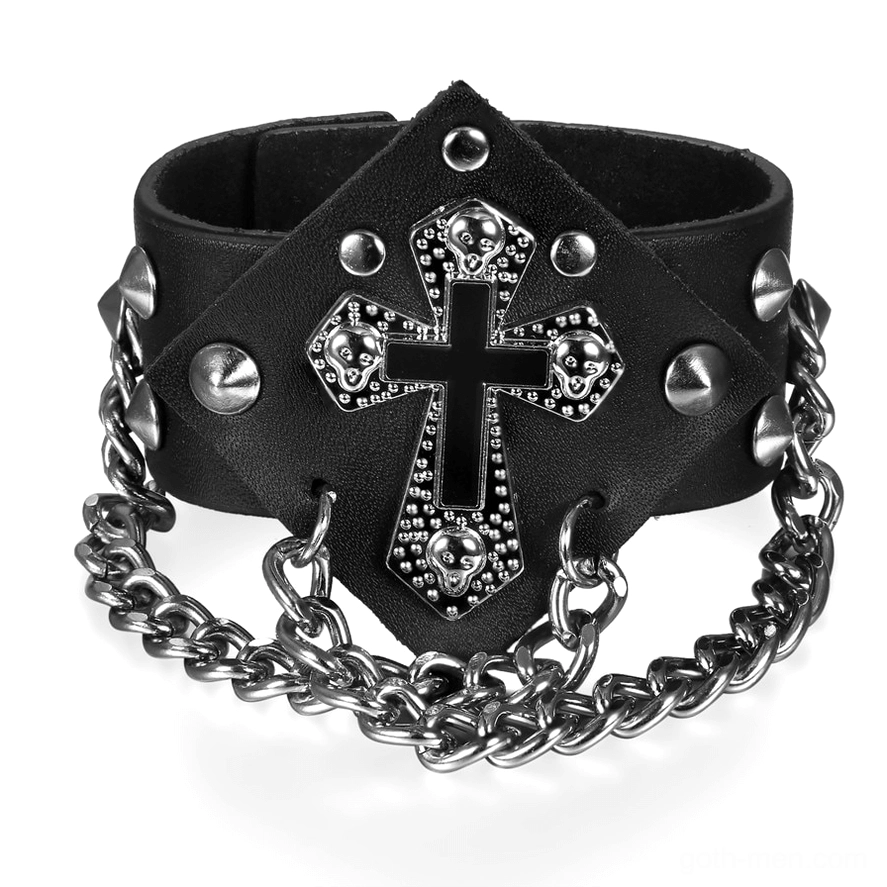 Gothic punk cross rivet leather bracelet front view with black strap and silver metal spikes