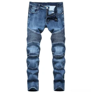 Men's gothic distressed punk denim jeans with quilted knee panels in vintage blue wash, straight leg fit flat lay view