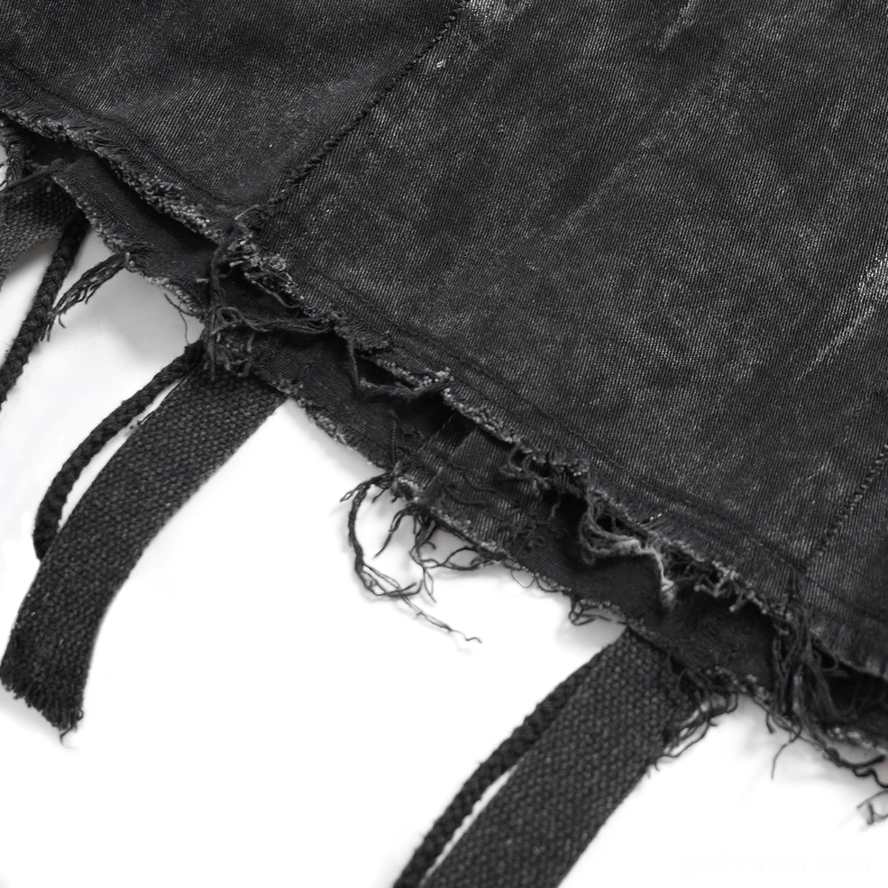 Gothic punk denim shirt full product display highlighting lace-up sides, studs, and distressed frayed details