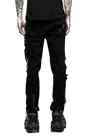 Black distressed denim trousers rear three-quarter view showing back pockets and side strap details