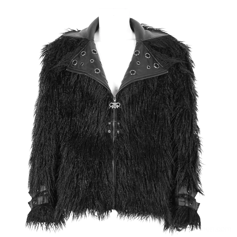 Black gothic punk faux fur jacket front display with decorative metal zipper charm
