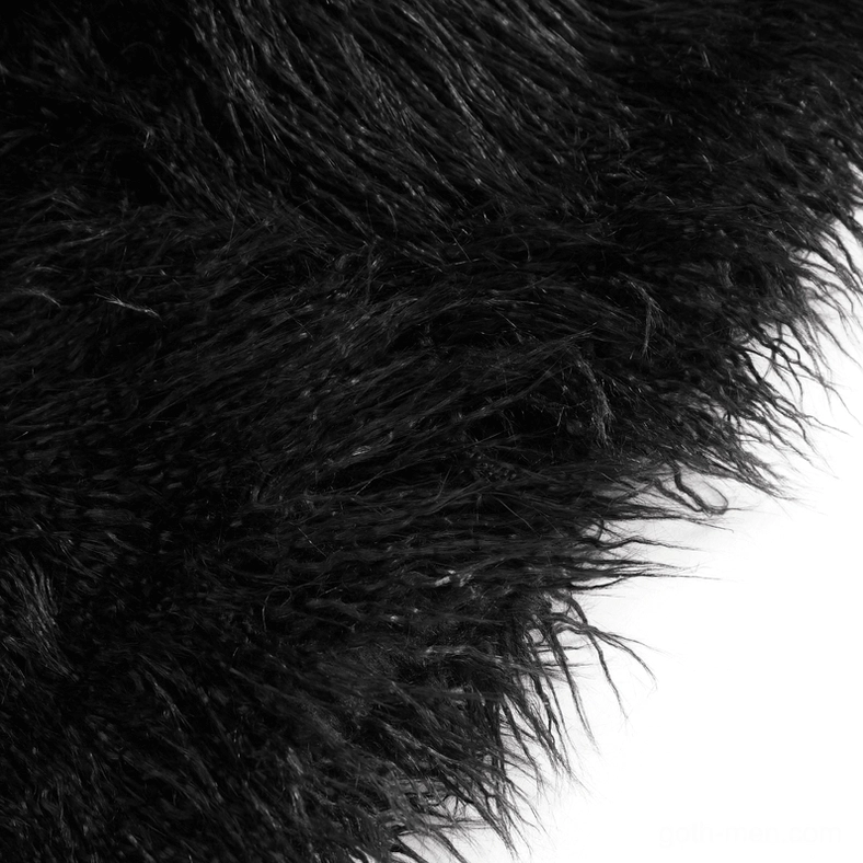 Black gothic punk faux fur jacket styling detail with hardware and buckle accents