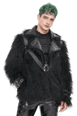 Black faux fur gothic punk jacket with metal lapel eyelets worn by model, front three-quarter view
