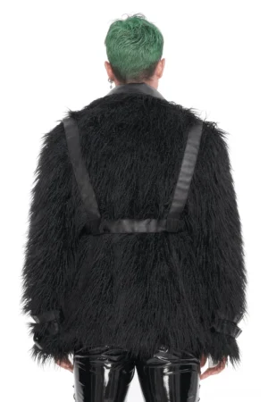 Black gothic punk faux fur jacket back view showing harness strap detail on model