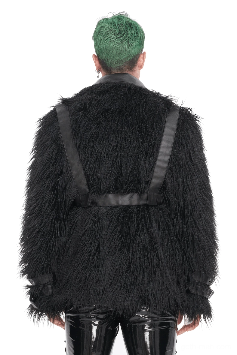 Black gothic punk faux fur jacket back view showing harness strap detail on model