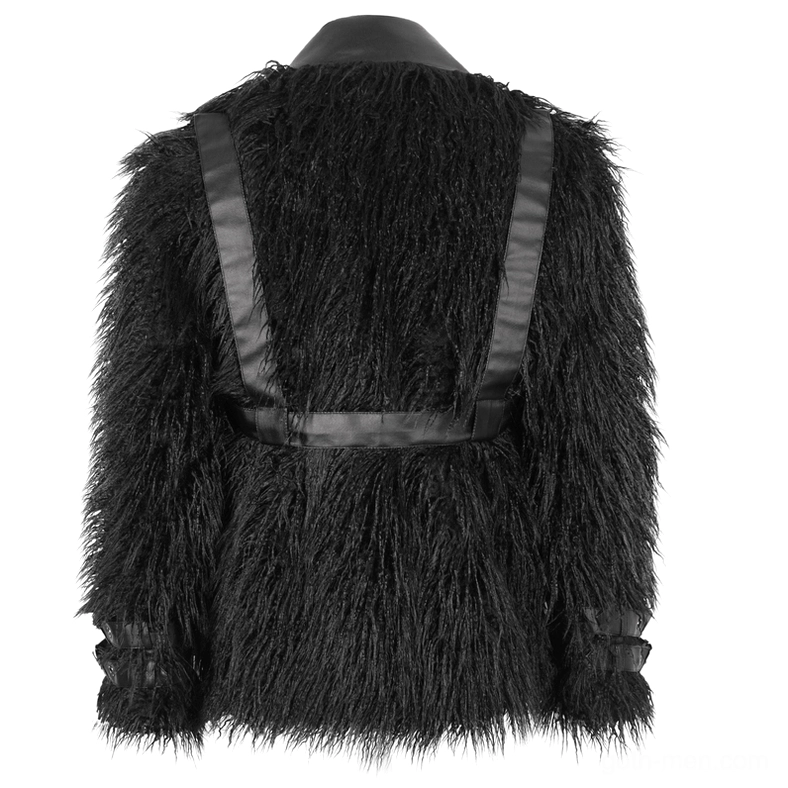 Black gothic punk faux fur jacket back view on mannequin displaying harness strap system