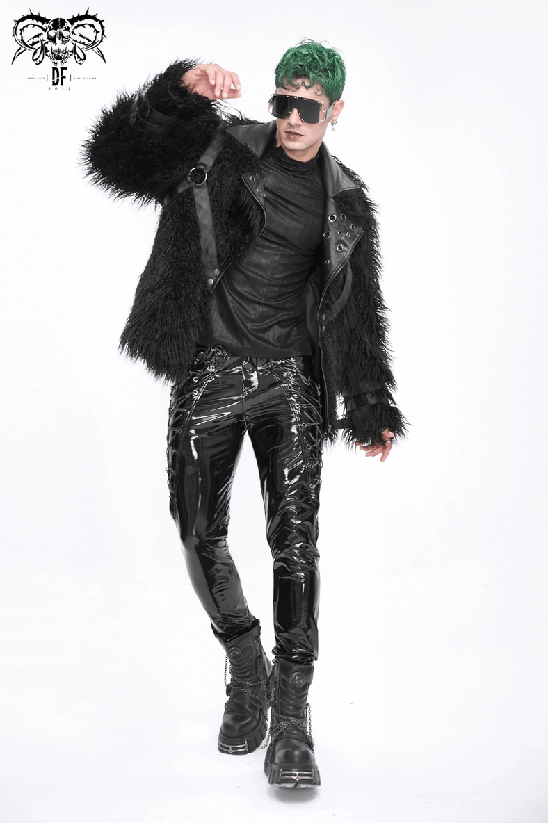 Gothic punk faux fur jacket back panel displaying harness strap and stitching details