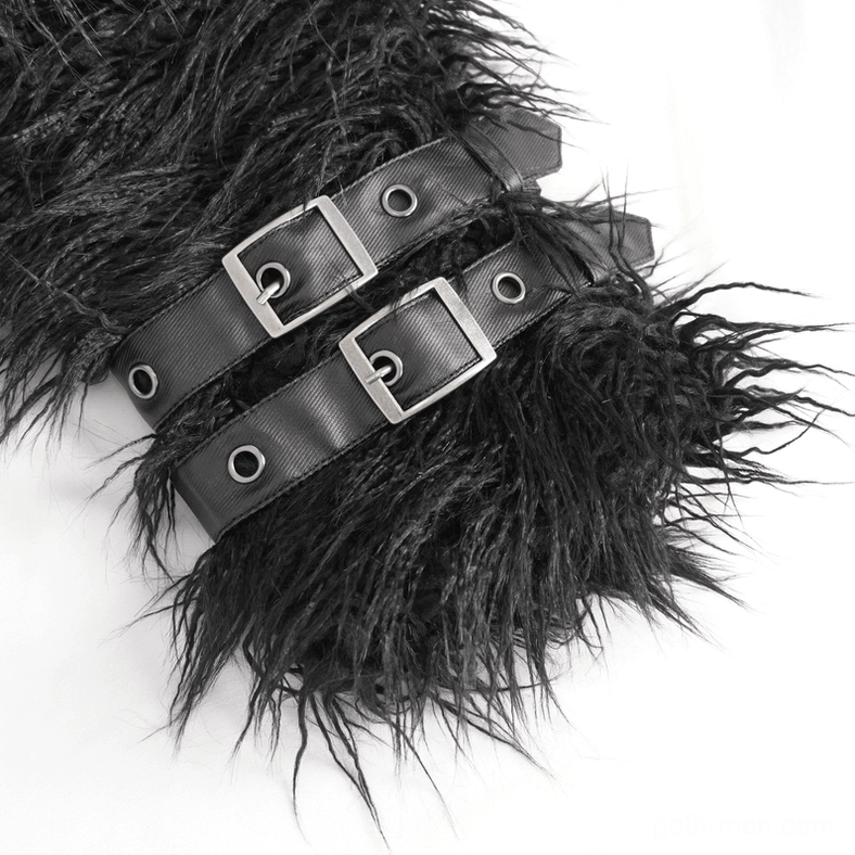 Close-up of gothic punk jacket cuff hardware showing leather buckles and faux fur texture