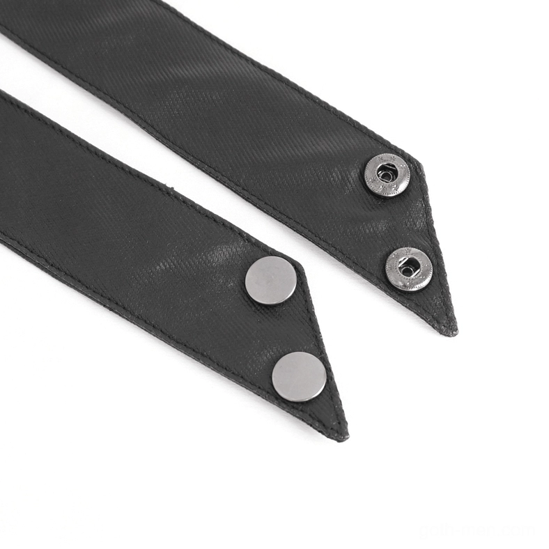 Flat lay of gothic punk jacket harness strap components with snap buttons and leather details