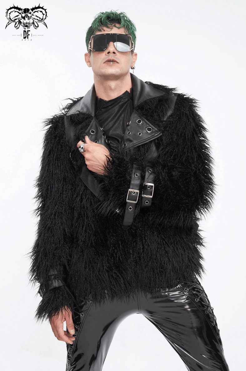 Gothic punk faux fur jacket with metal eyelets and leather lapel collar detail