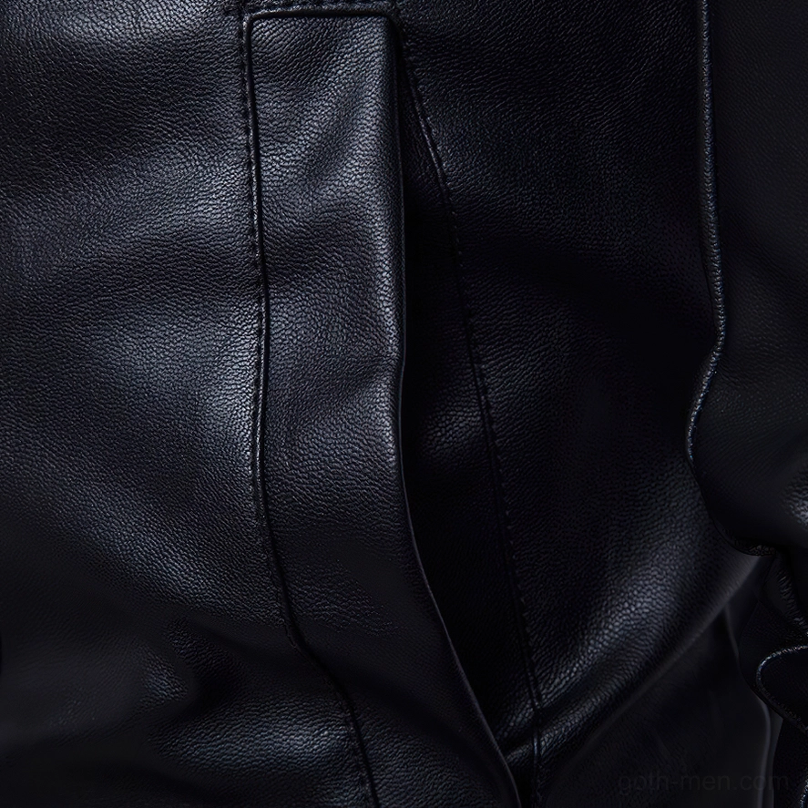Side body detail of black PU leather jacket showing smooth material texture and clean seaming