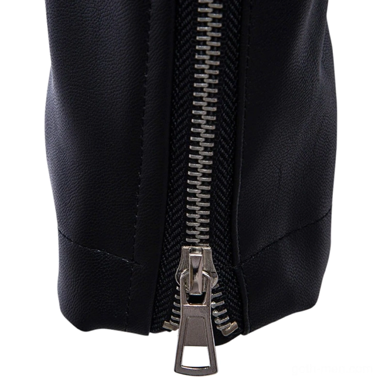 Main front zipper closure with heavy-duty metal puller and leather trim accent