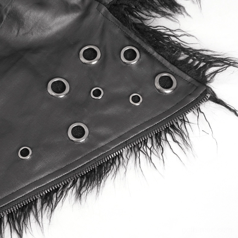 Close-up of gothic punk jacket lapel showing metal eyelets and leather construction