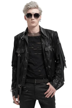 Black crinkled leather gothic punk jacket with metal hardware, front full-body view on male model