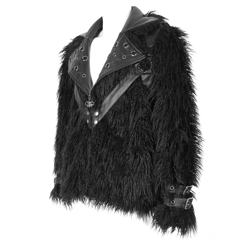 Black gothic punk faux fur jacket side view showing cuff buckle strap details
