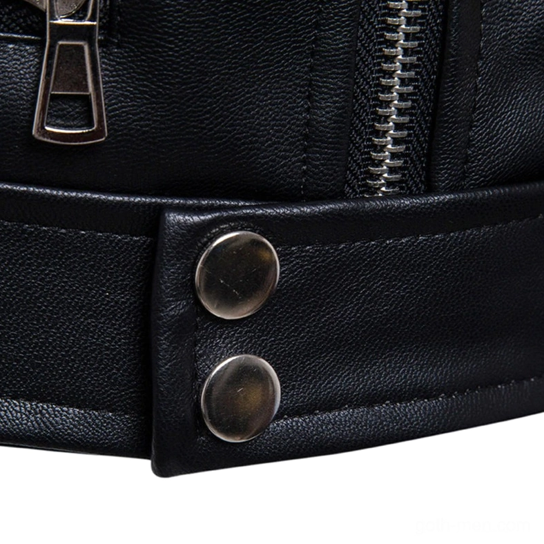 Snap button fasteners at jacket hem showing silver hardware and black faux leather construction