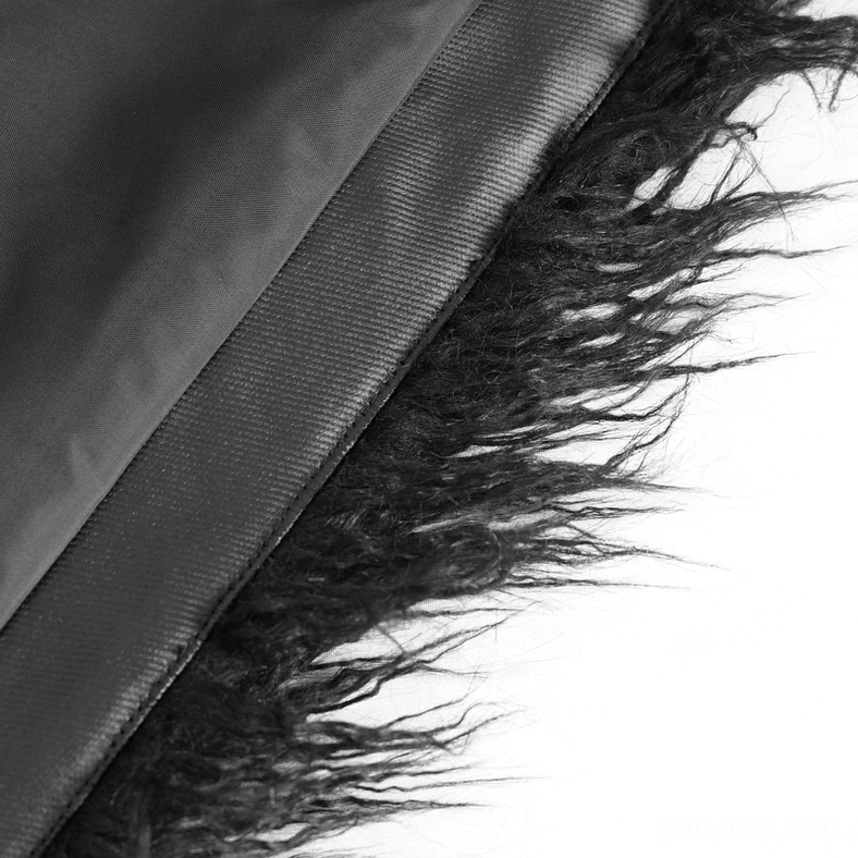 Gothic punk faux fur jacket showing zipper construction and lapel eyelet placement
