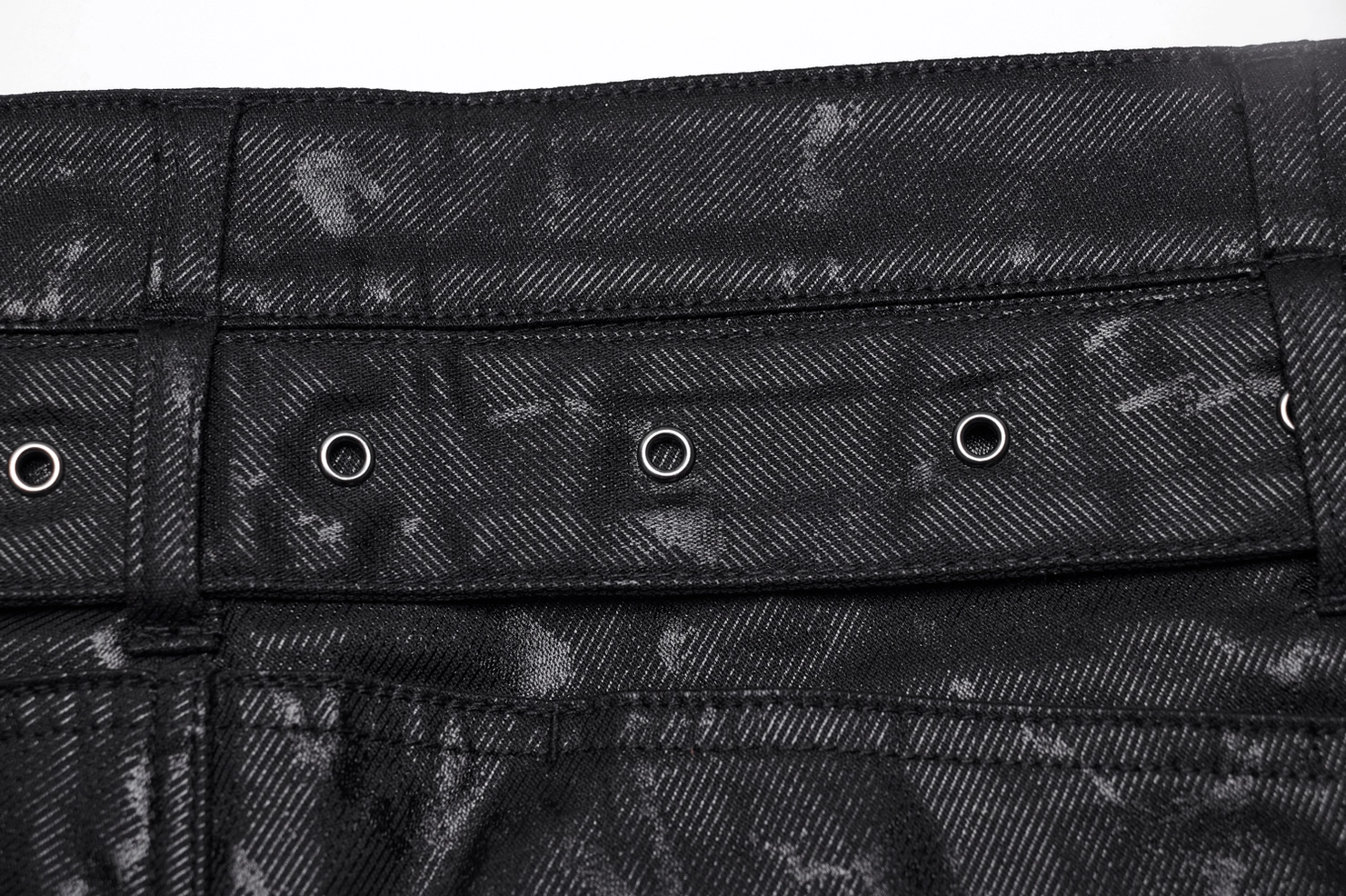 Gothic punk jeans hem detail ankle zipper marbled black fabric construction