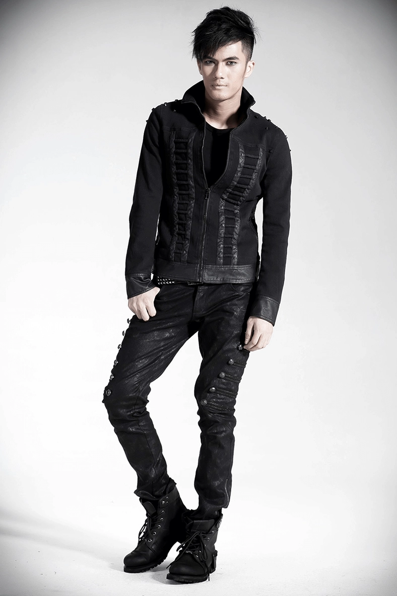 Gothic punk jeans hem construction ankle area rivet placement marbled black