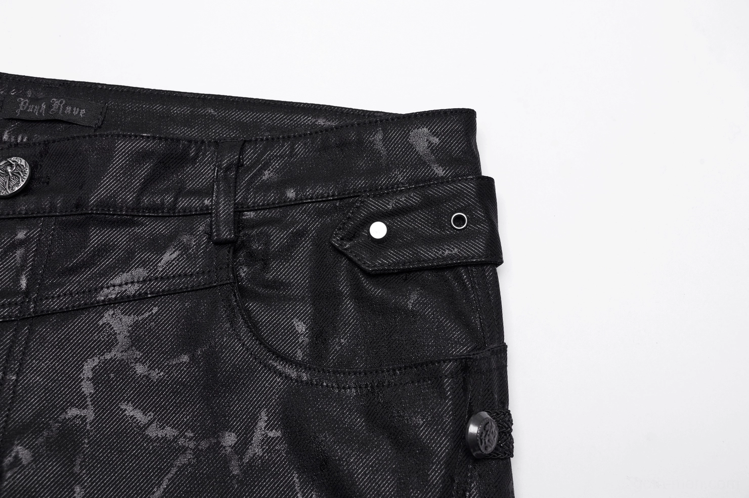 Gothic punk jeans pocket detail metal snap button flap marbled coating close-up