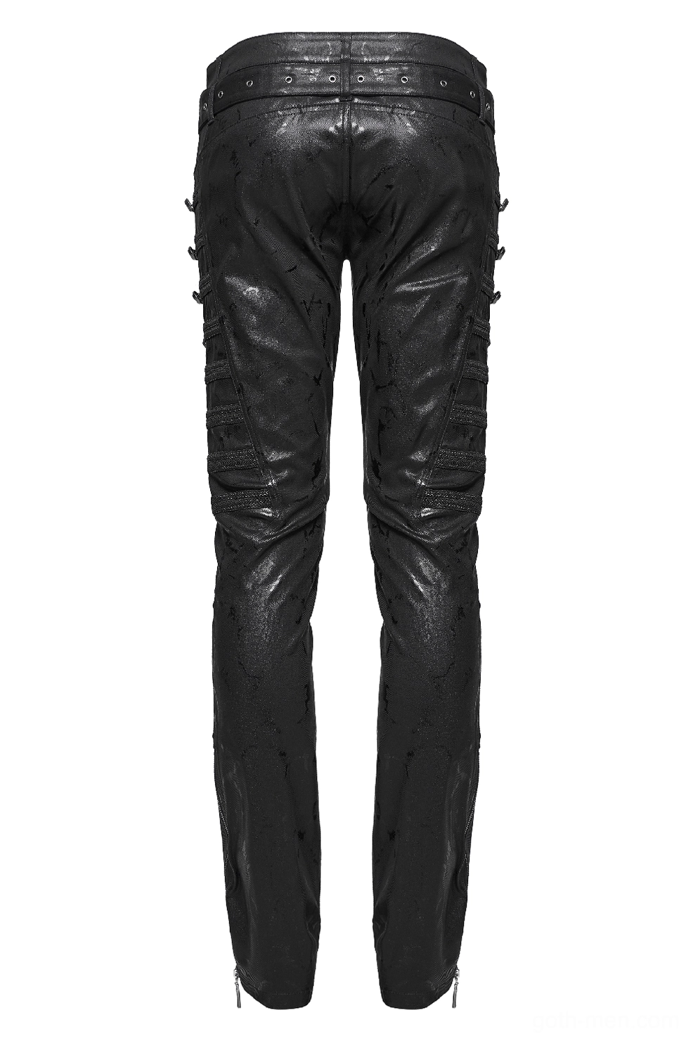 Gothic punk jeans rear flat lay leather waist belt grommet loops marbled finish
