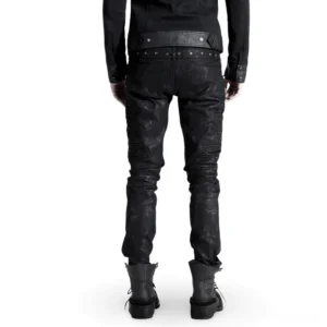 Black gothic punk jeans rear view leather waist accent ankle zipper details