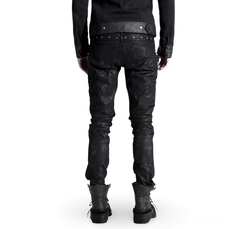 Black gothic punk jeans rear view leather waist accent ankle zipper details