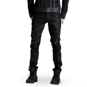 Men's black rivet side gothic punk jeans front full-body view slim fit studded denim