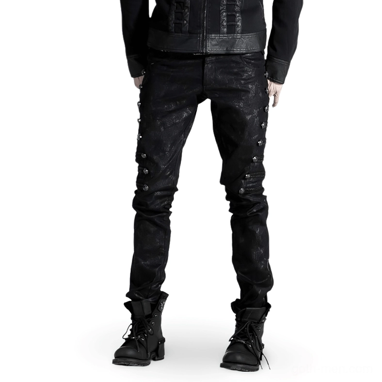 Men's black rivet side gothic punk jeans front full-body view slim fit studded denim