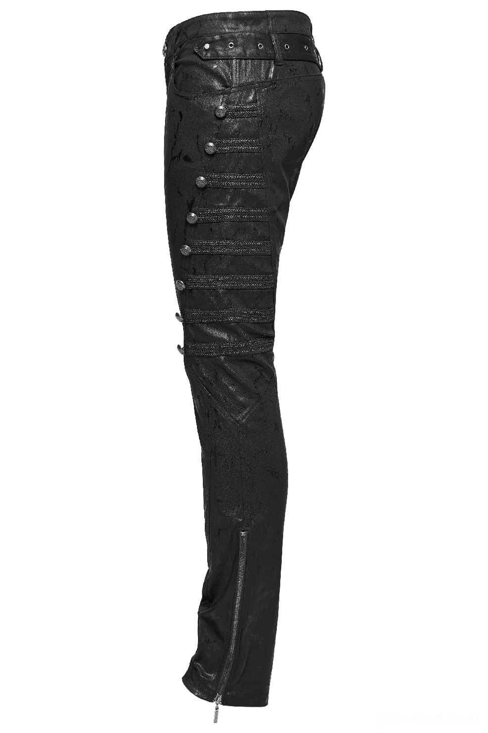 Black gothic punk rivet jeans side profile flat lay ankle zipper marbled coating