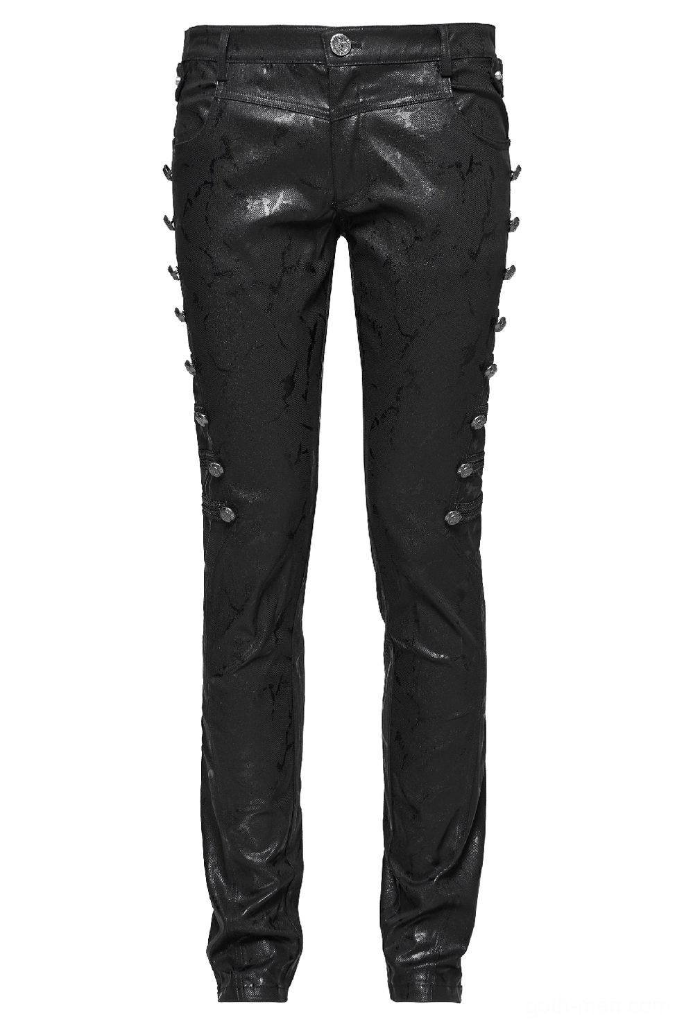 Gothic punk jeans branded metal button waist closure flat lay view