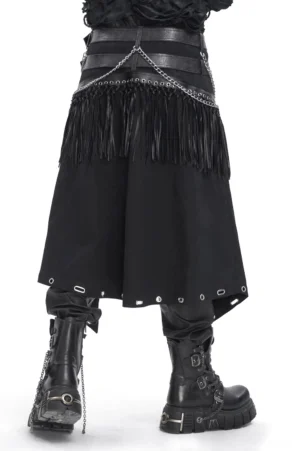 Black Gothic punk kilt back view showing layered waist belts fringe tassels and riveted hem details
