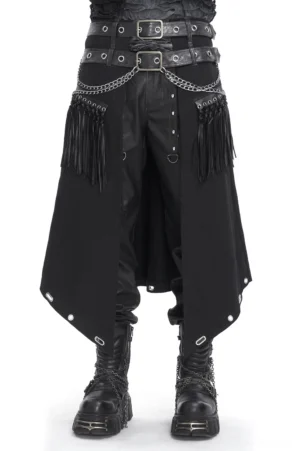 Men's black leather Gothic punk kilt with dual chains and tassel fringe front full body view on model