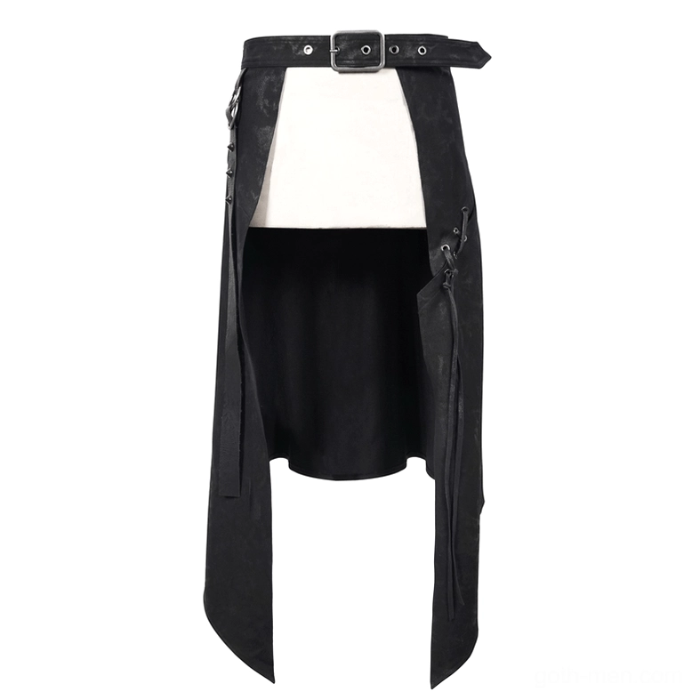Black gothic punk kilt displayed on dress form, front oblique angle showing marbled fabric and extended side flaps