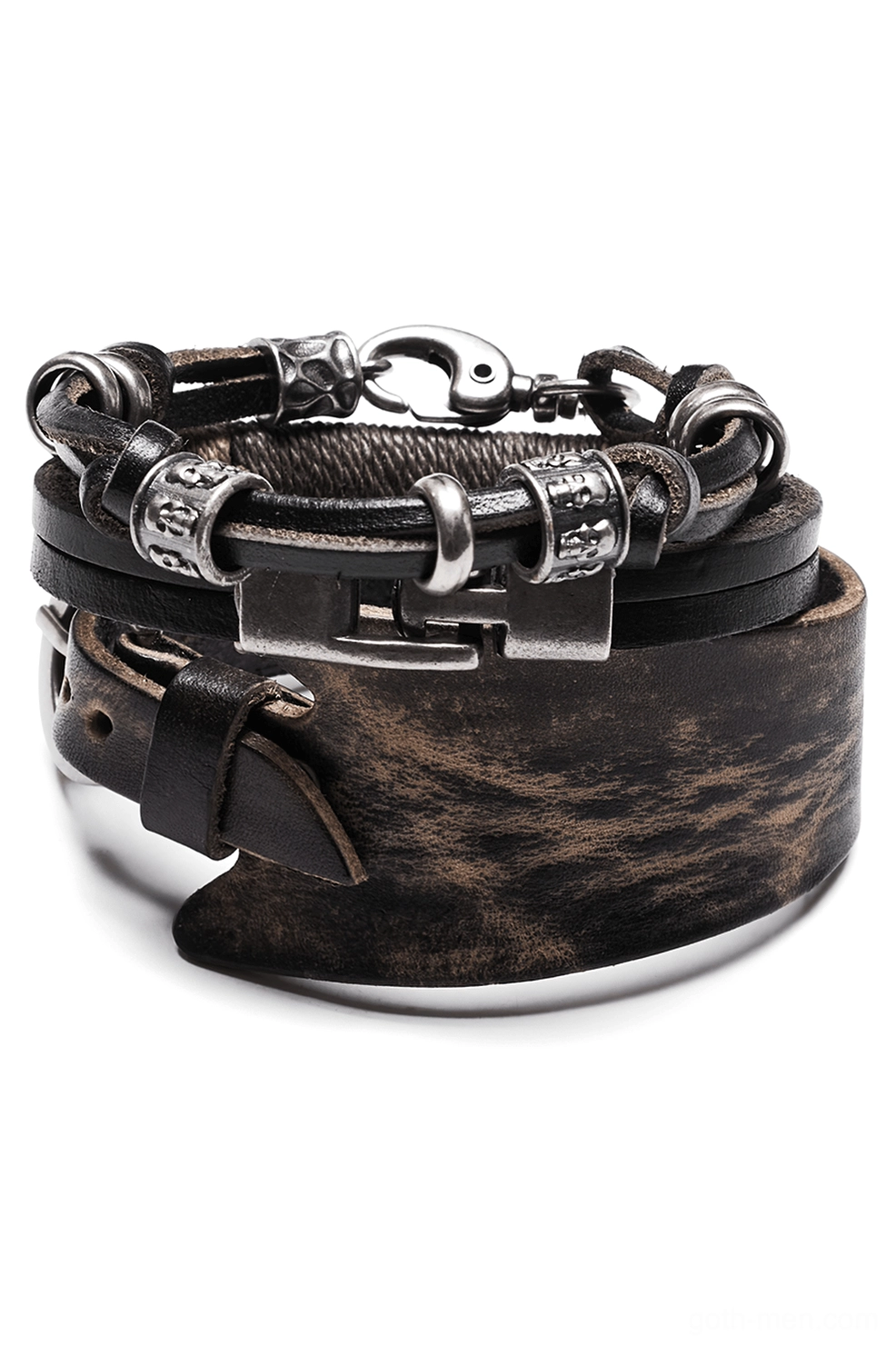 Gothic punk leather bracelet stack set flat lay, distressed brown-black cowhide with antique silver metal buckle and clasp hardware, three-piece alternative fashion bracelet collection