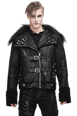 Black gothic punk leather jacket with faux fur collar, metal pyramid studs, and diagonal zipper - front full view on male model