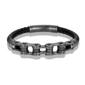 Gothic punk braided leather motorcycle chain bracelet for men, matte black genuine leather with stainless steel hardware, front flat lay view