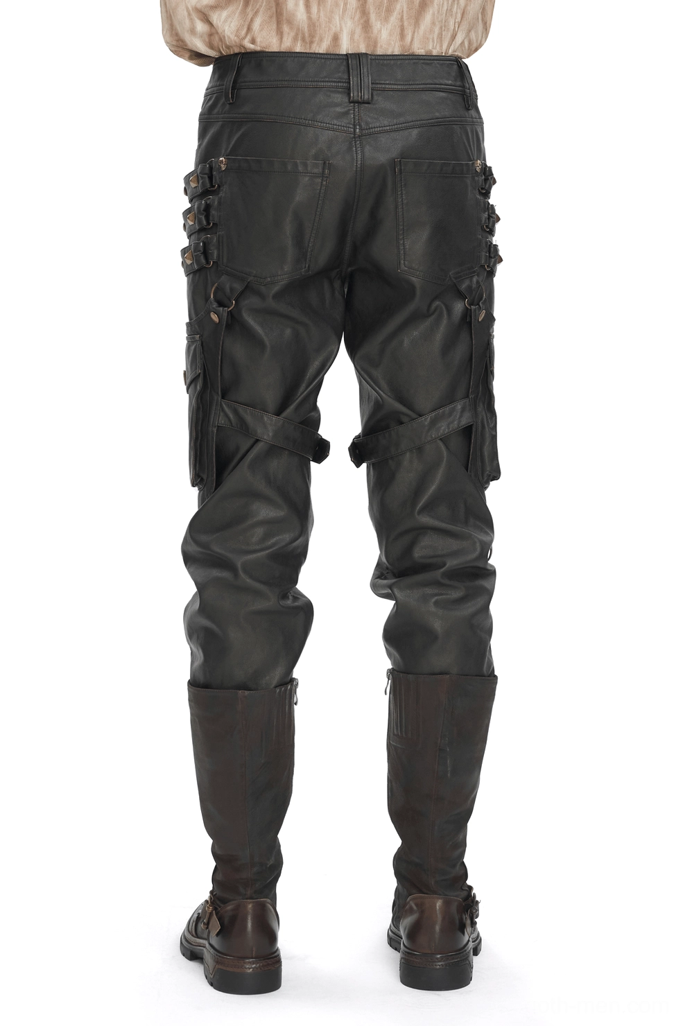 Rear view of men's gothic punk leather pants showing adjustable thigh harness straps and vintage bronze hardware details